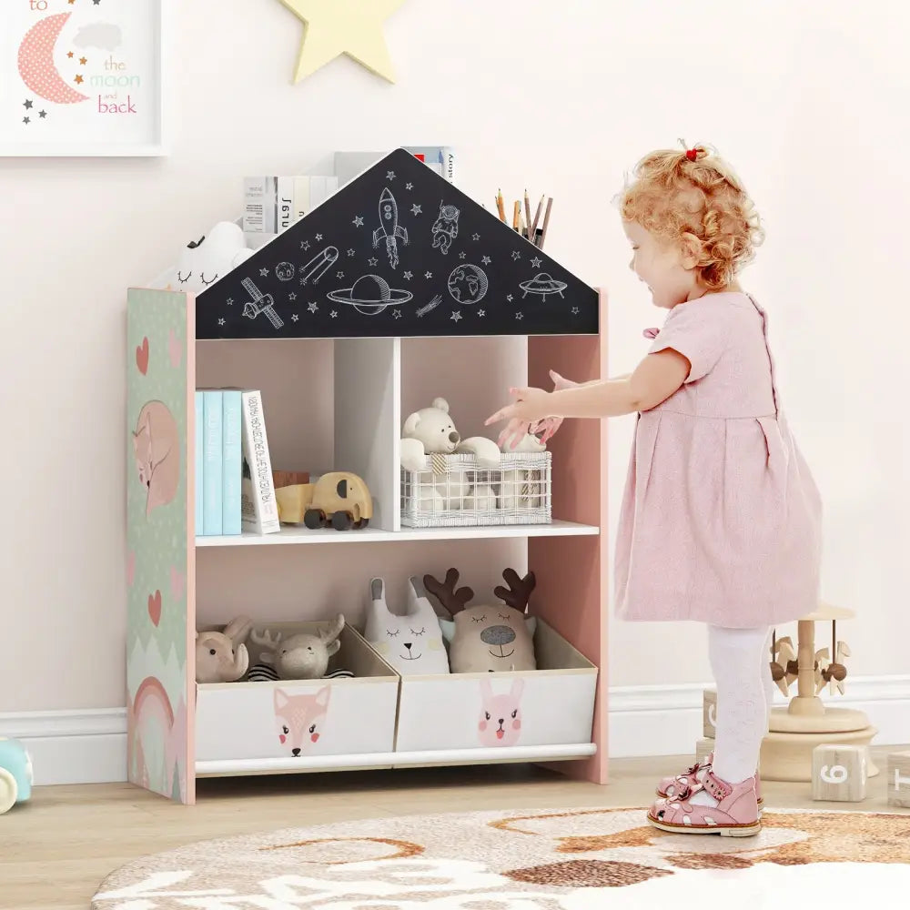 Playhouse Kids Bookshelf with Chalkboard and Whiteboard for 3-6 Years-Pink - Pink - Kids Storage