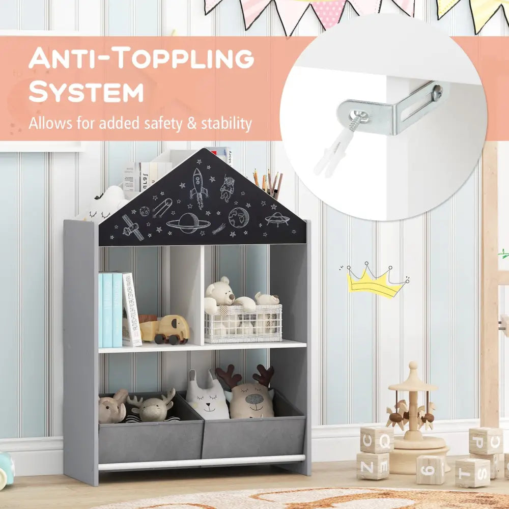 Playhouse Kids Bookshelf with Chalkboard and Whiteboard for 3-6 Years-Gray - Gray - Kids Storage