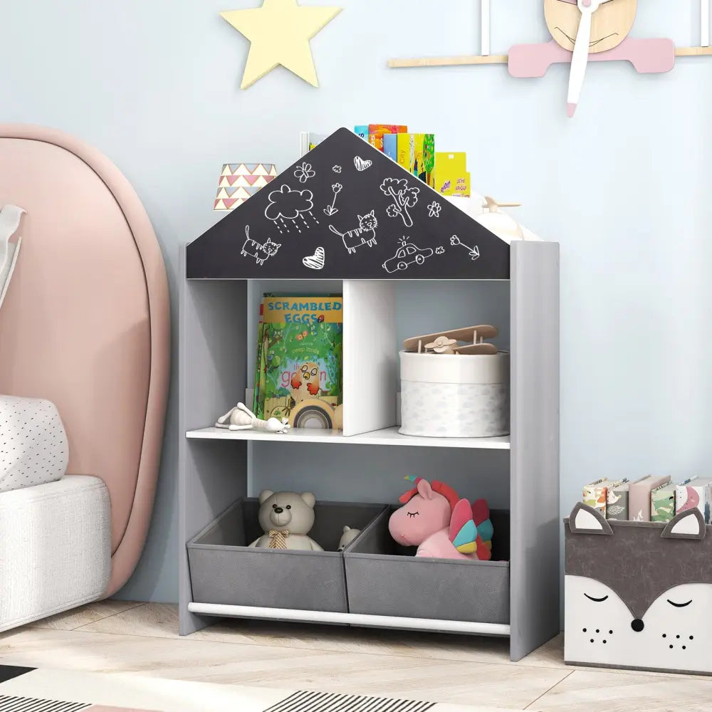 Playhouse Kids Bookshelf with Chalkboard and Whiteboard for 3-6 Years-Gray - Gray - Kids Storage