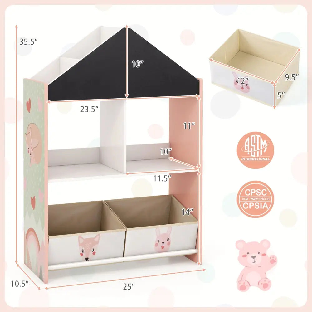 Playhouse Kids Bookshelf with Chalkboard and Whiteboard for 3-6 Years-Pink - Pink - Kids Storage