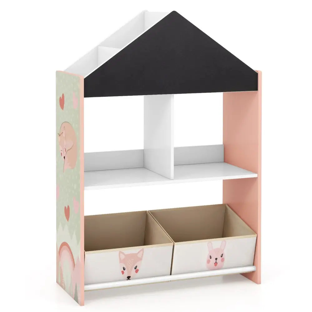 Playhouse Kids Bookshelf with Chalkboard and Whiteboard for 3-6 Years-Pink - Pink - Kids Storage