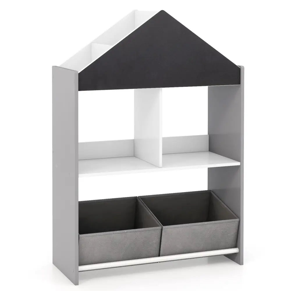 Playhouse Kids Bookshelf with Chalkboard and Whiteboard for 3-6 Years-Gray - Gray - Kids Storage
