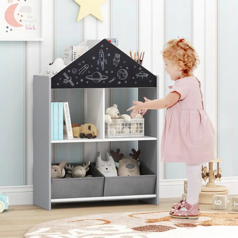 Playhouse Kids Bookshelf with Chalkboard and Whiteboard for 3-6 Years-Gray - Gray - Kids Storage
