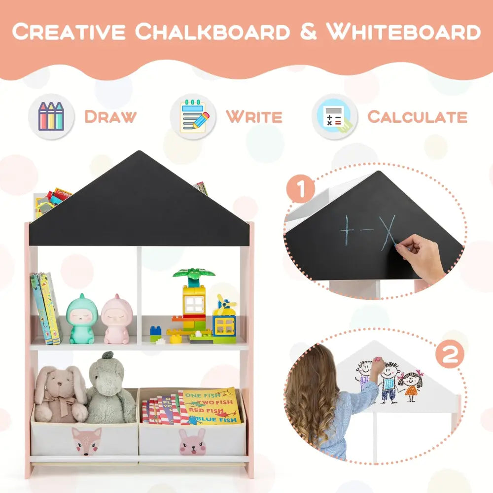Playhouse Kids Bookshelf with Chalkboard and Whiteboard for 3-6 Years-Pink - Pink - Kids Storage