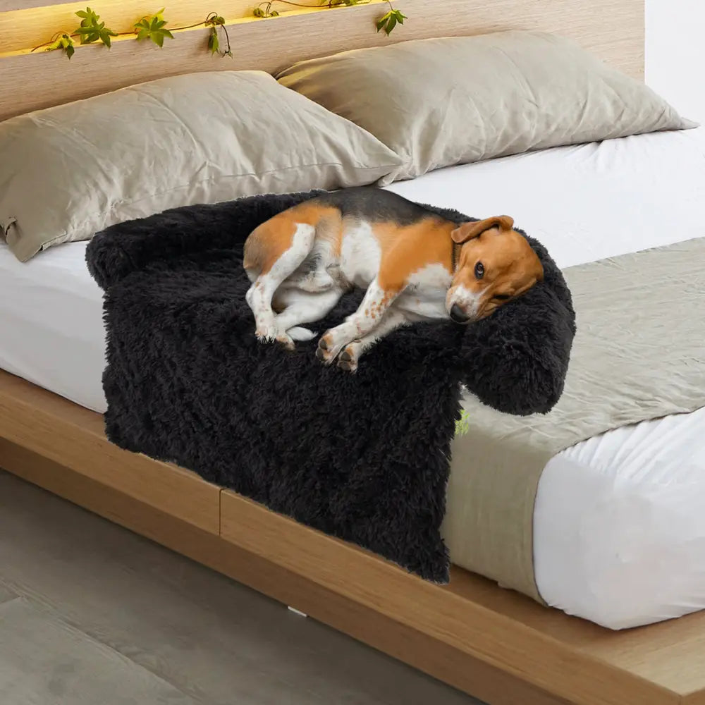 Plush Calming Dog Couch Bed with Anti-Slip Bottom-M - Black - Dog Supplies