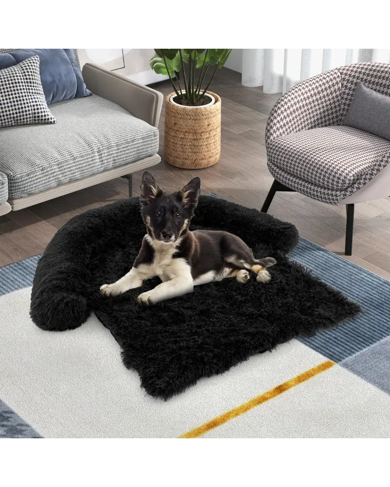 Plush Calming Dog Couch Bed with Anti-Slip Bottom-M - Black - Dog Supplies