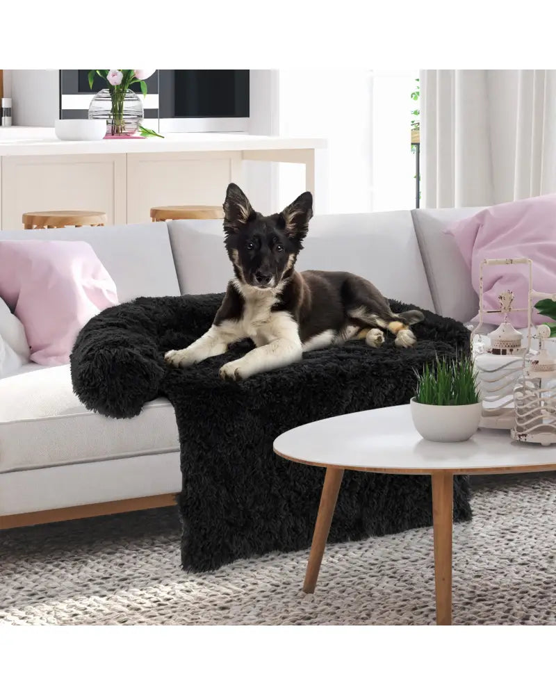 Plush Calming Dog Couch Bed with Anti-Slip Bottom-M - Black - Dog Supplies