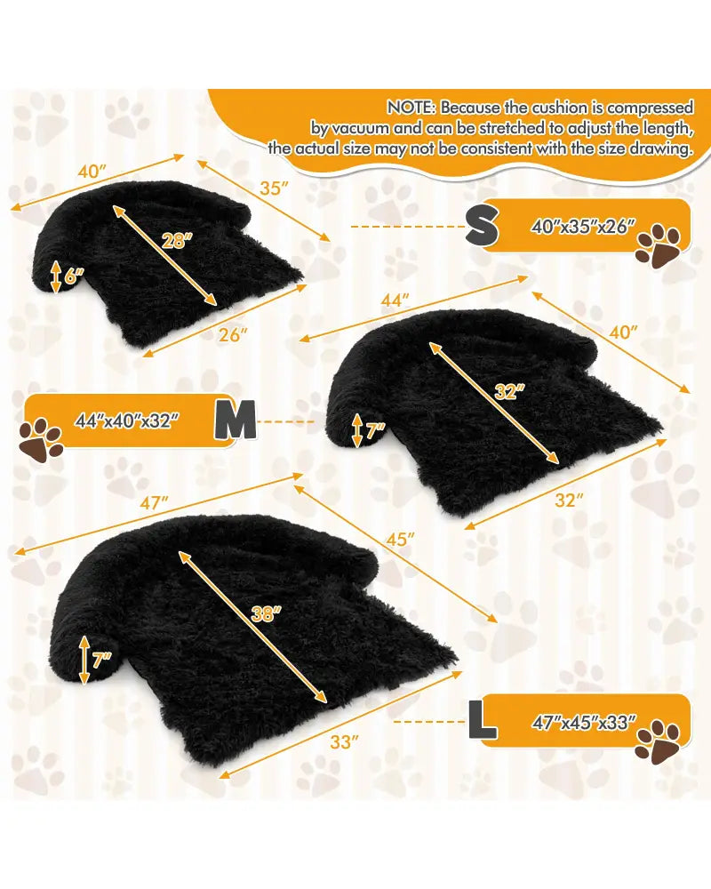 Plush Calming Dog Couch Bed with Anti-Slip Bottom-M - Black - Dog Supplies