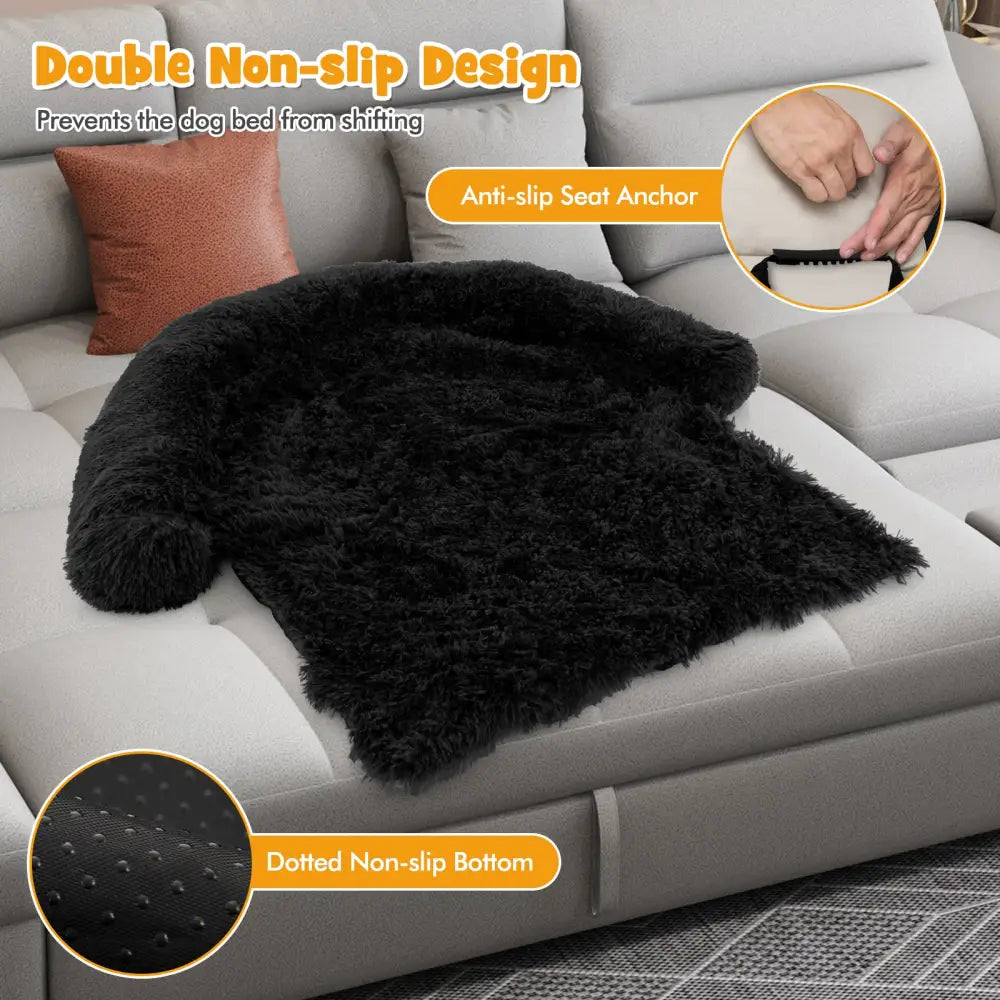 Plush Calming Dog Couch Bed with Anti-Slip Bottom-M - Black - Dog Supplies