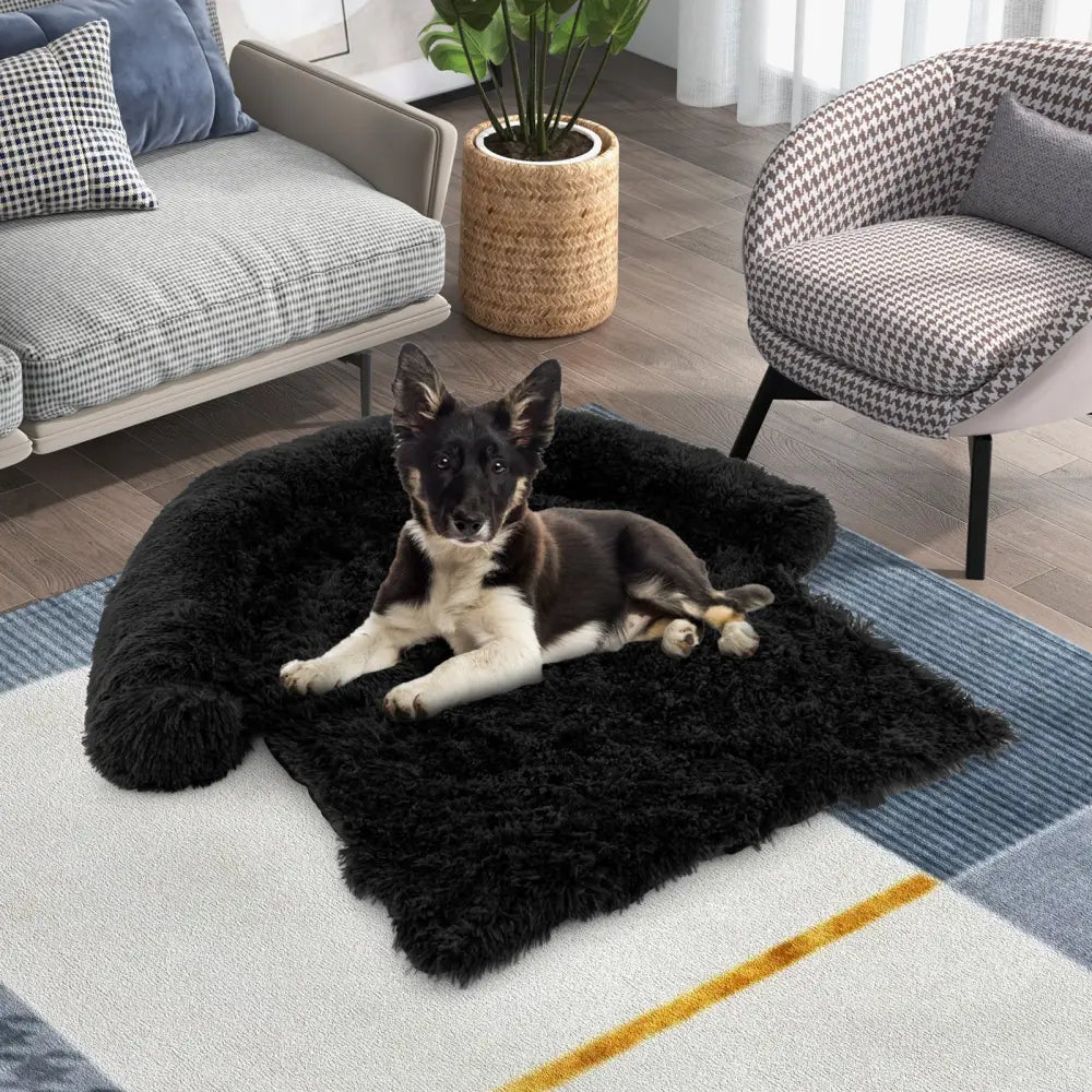 Plush Calming Dog Couch Bed with Anti-Slip Bottom-M - Black - Dog Supplies