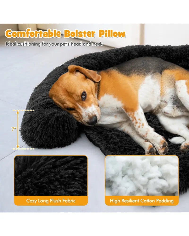 Plush Calming Dog Couch Bed with Anti-Slip Bottom-M - Black - Dog Supplies