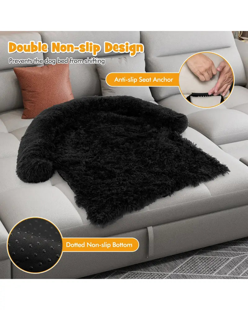 Plush Calming Dog Couch Bed with Anti-Slip Bottom-M - Black - Dog Supplies