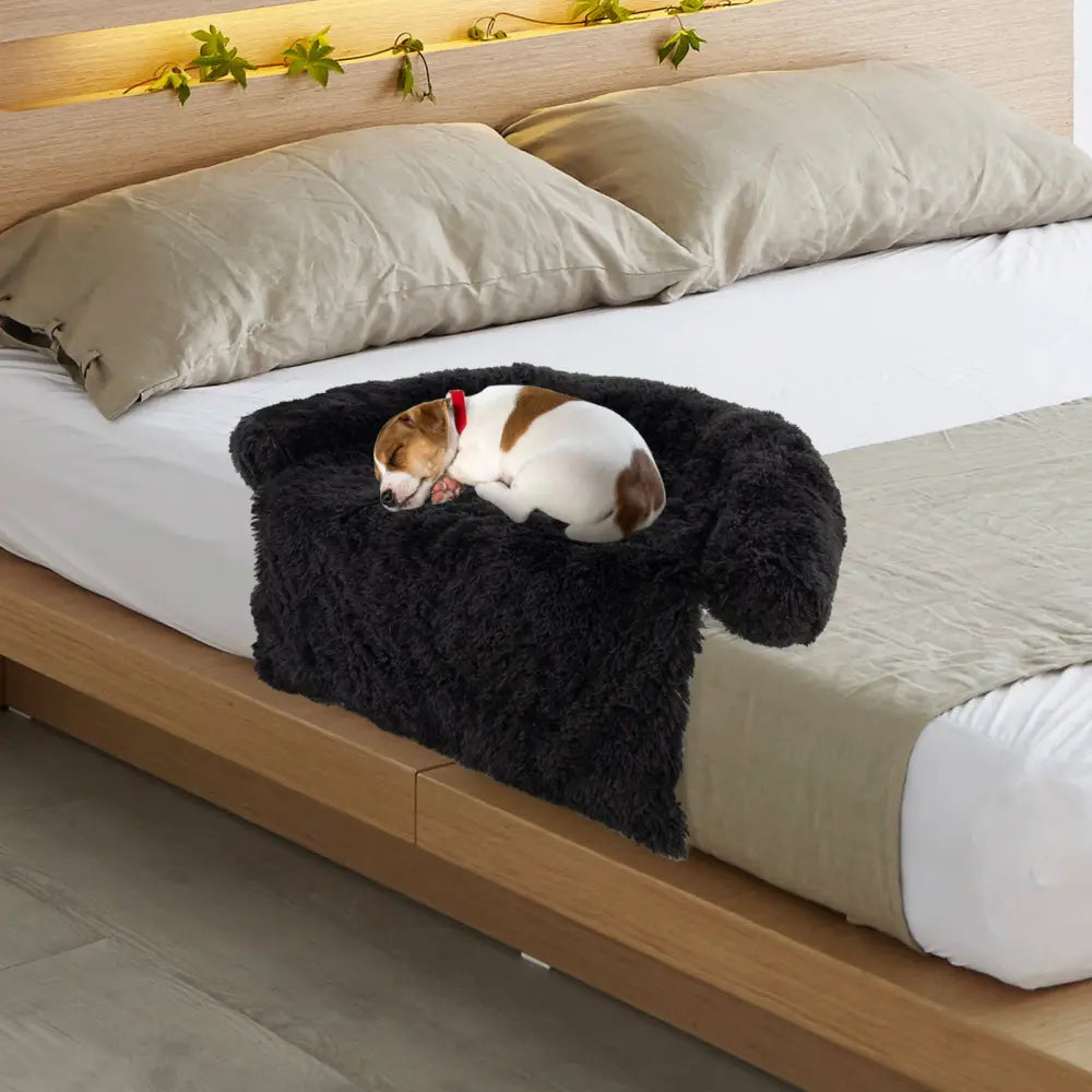 Plush Calming Dog Couch Bed with Anti-Slip Bottom-S - Black - Dog Supplies