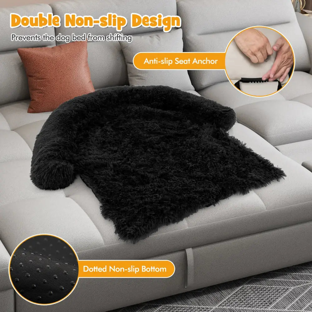 Plush Calming Dog Couch Bed with Anti-Slip Bottom-S - Black - Dog Supplies