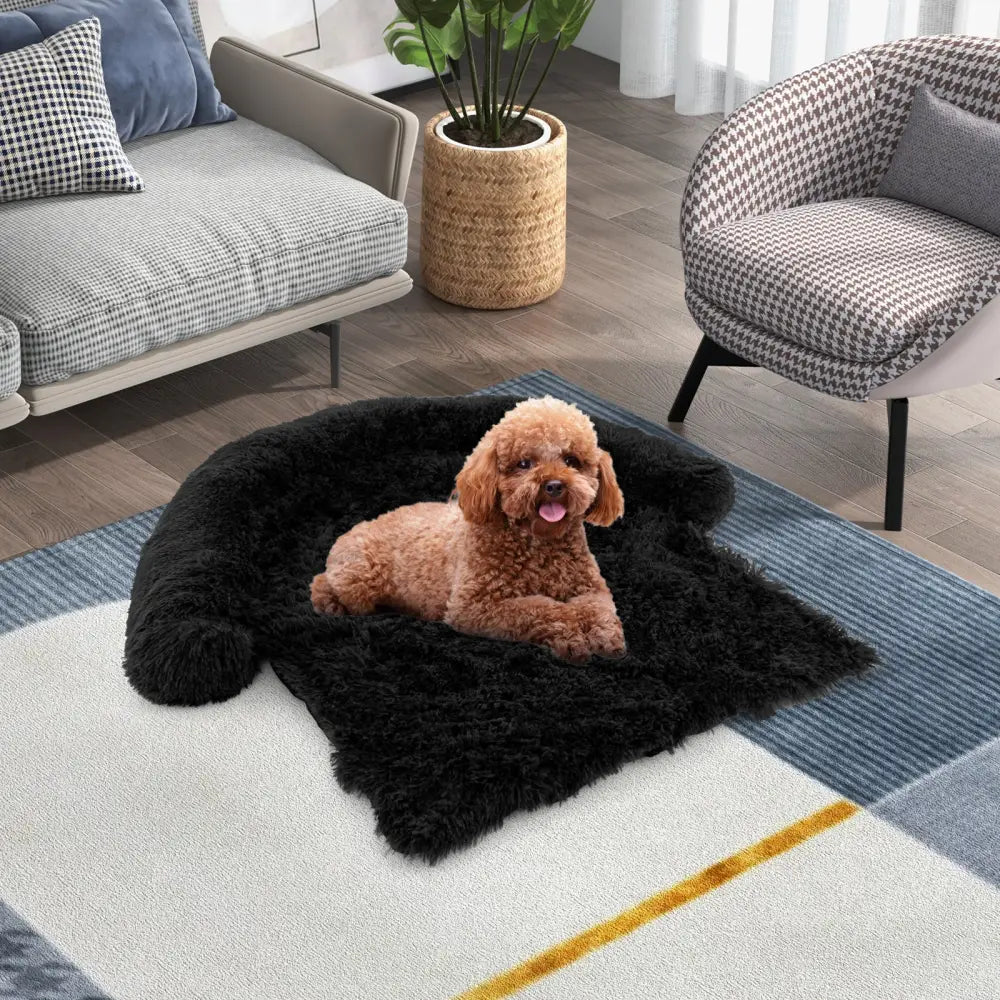 Plush Calming Dog Couch Bed with Anti-Slip Bottom-S - Black - Dog Supplies