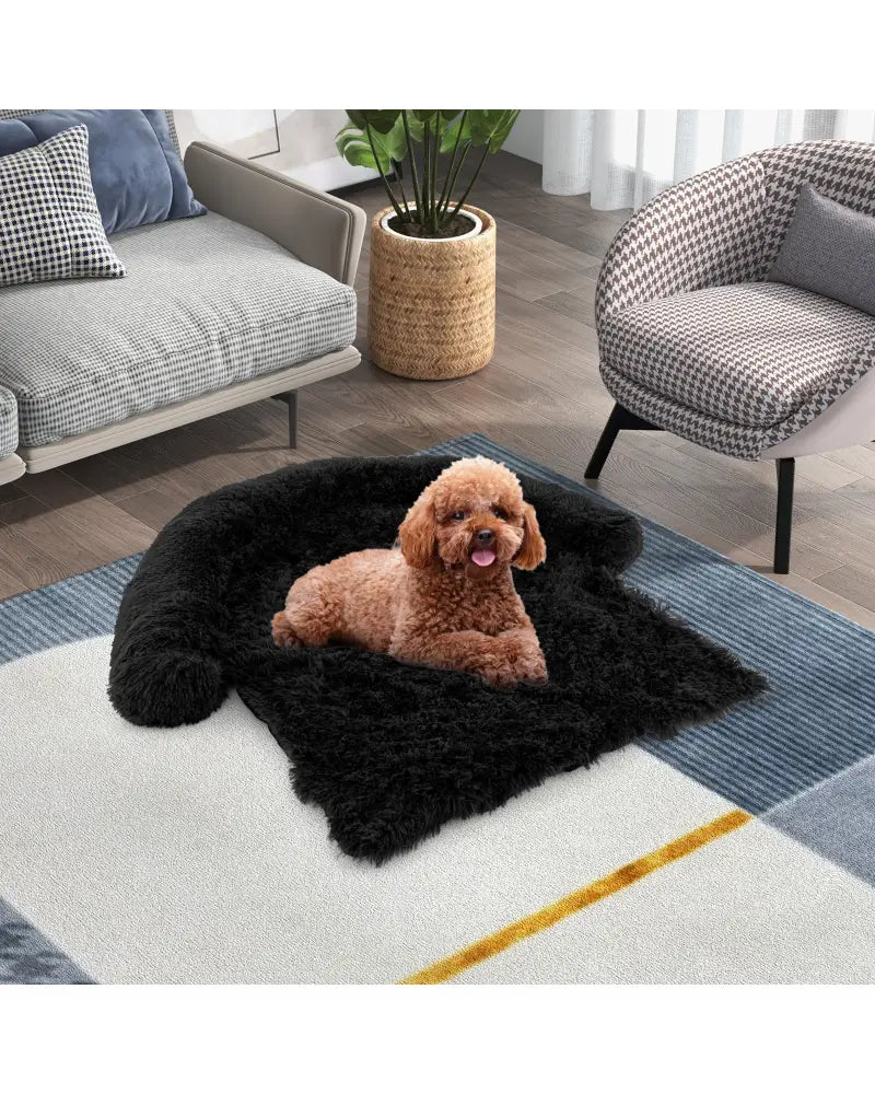 Plush Calming Dog Couch Bed with Anti-Slip Bottom-S - Black - Dog Supplies