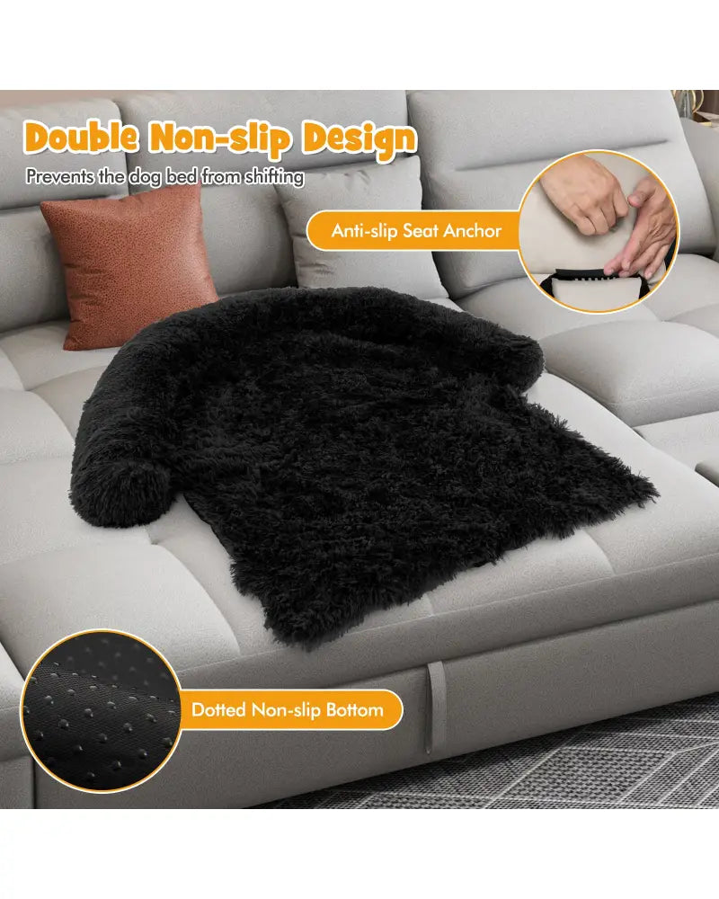 Plush Calming Dog Couch Bed with Anti-Slip Bottom-S - Black - Dog Supplies