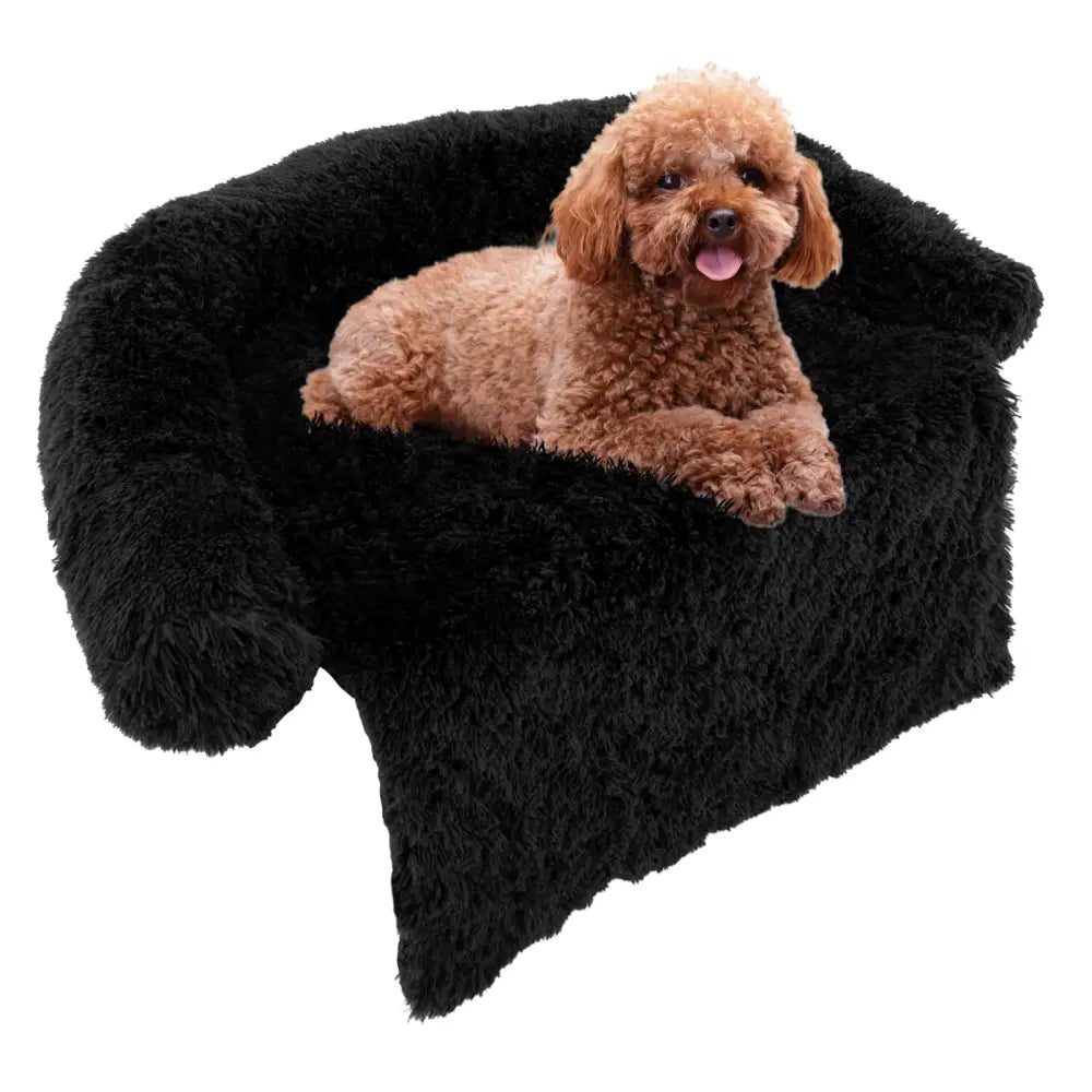 Plush Calming Dog Couch Bed with Anti-Slip Bottom-S - Black - Dog Supplies