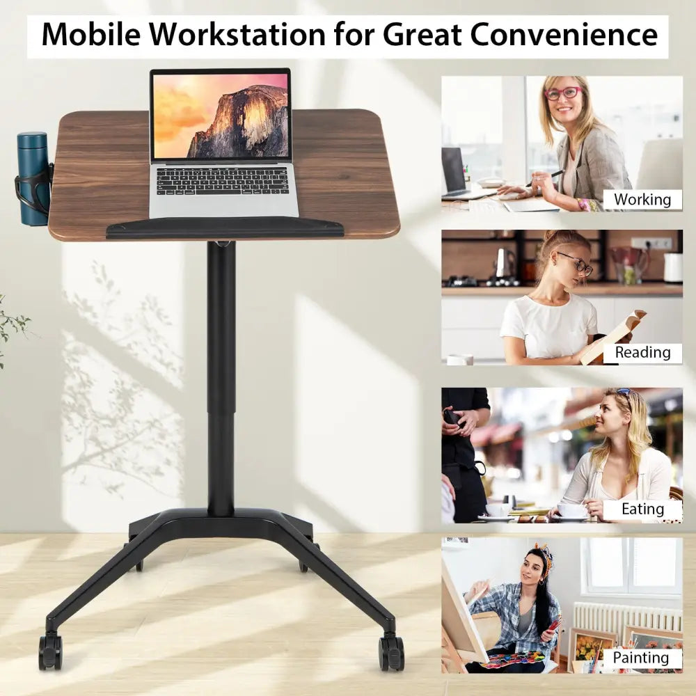 Pneumatic Standing Desk with Anti-fall Baffle and Cup Holder - Brown - Laptop Tables & Printer Stands