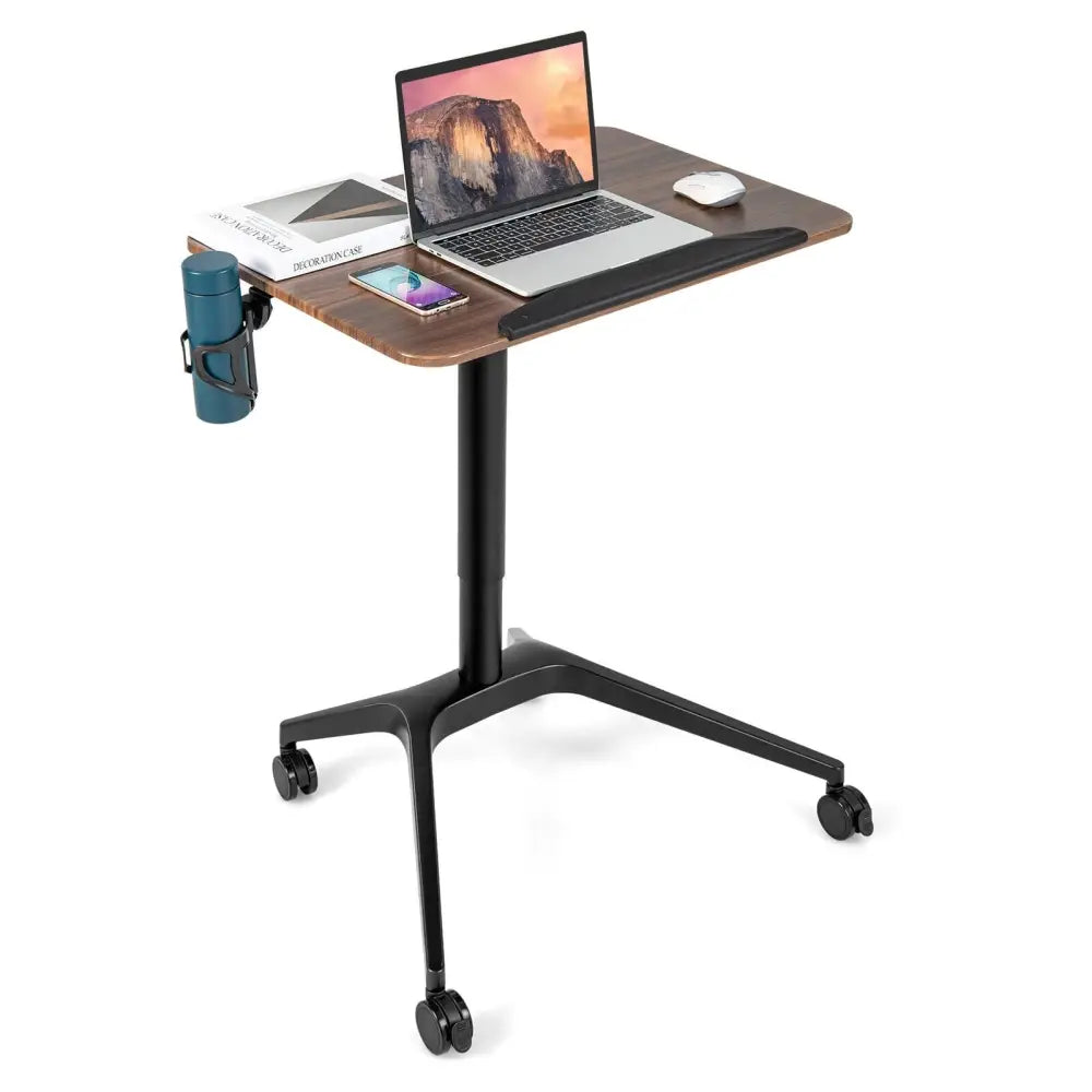 Pneumatic Standing Desk with Anti-fall Baffle and Cup Holder - Brown - Laptop Tables & Printer Stands