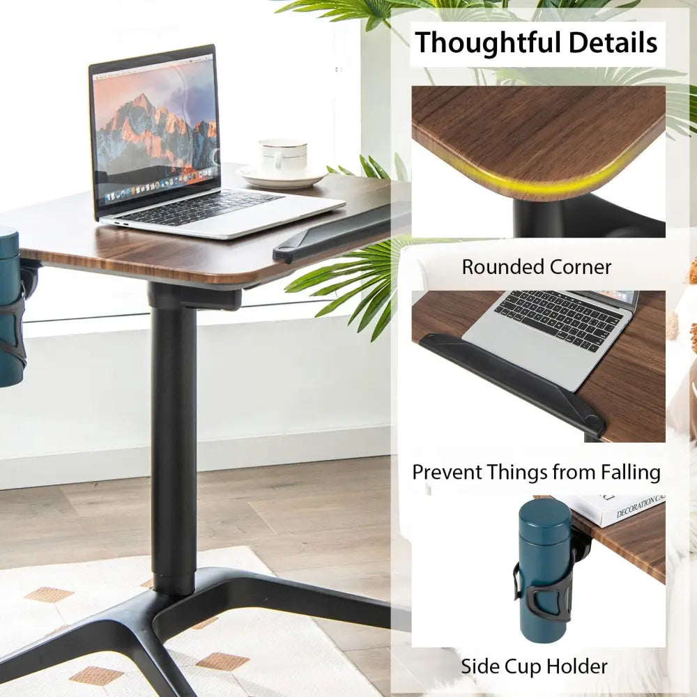 Pneumatic Standing Desk with Anti-fall Baffle and Cup Holder - Brown - Laptop Tables & Printer Stands