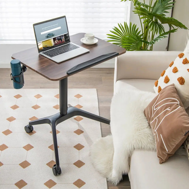 Pneumatic Standing Desk with Anti-fall Baffle and Cup Holder - Brown - Laptop Tables & Printer Stands