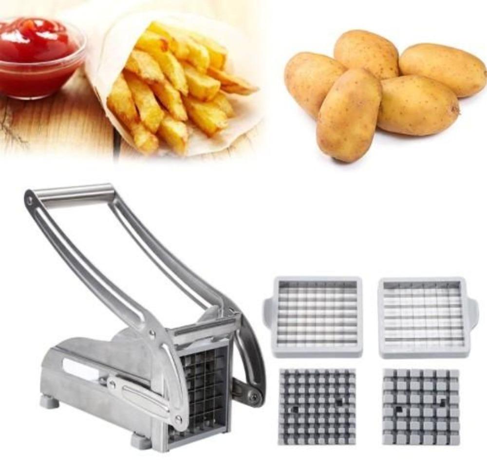 Potato peeler with interchangeable blades and a backdrop of potatoes, French fries, and ketchup.