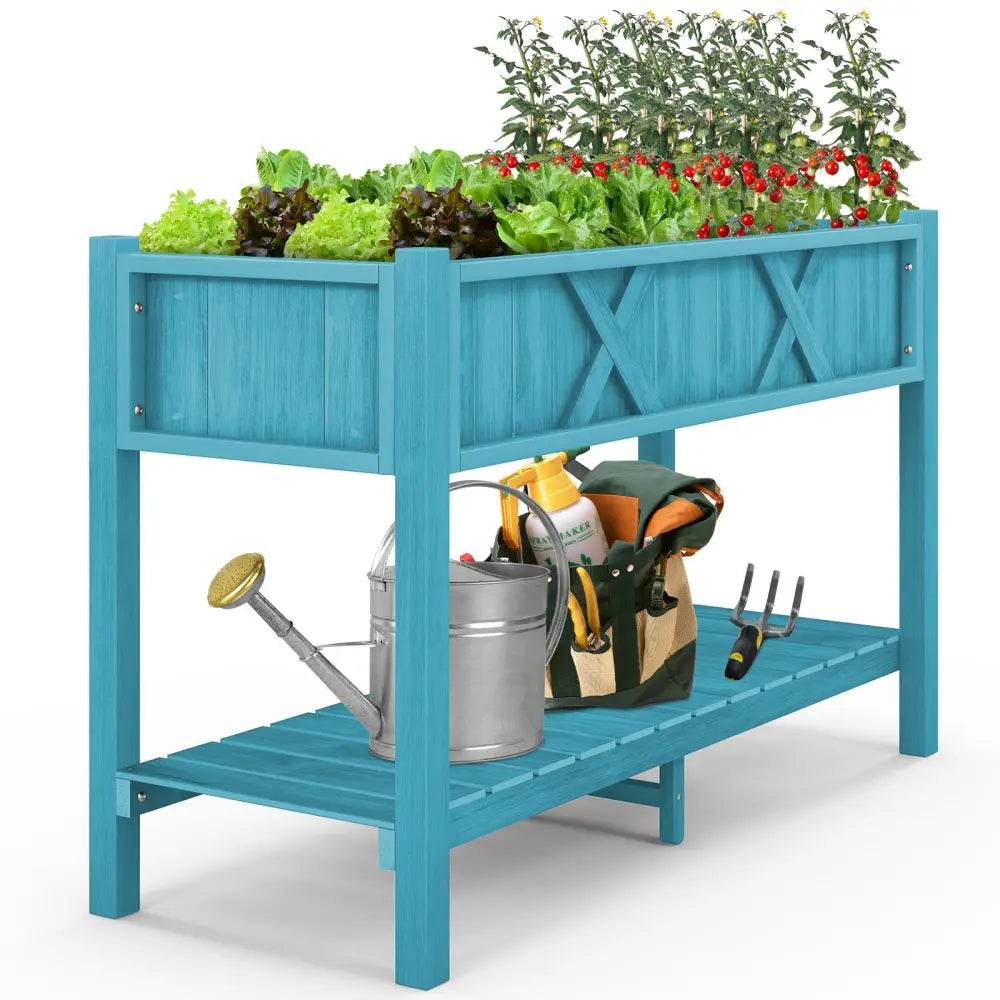 Poly Wood Elevated Planter Box with Legs Storage Shelf Drainage Holes-Blue - Blue - Raised Garden Beds