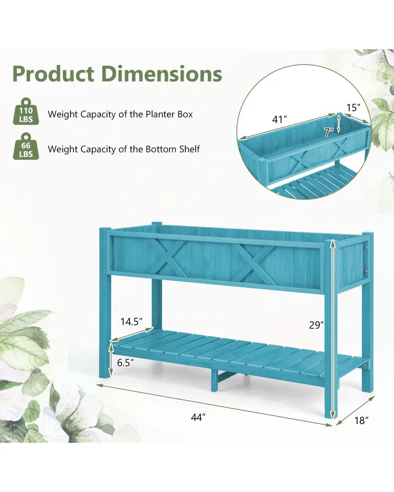 Poly Wood Elevated Planter Box with Legs Storage Shelf Drainage Holes-Blue - Blue - Raised Garden Beds