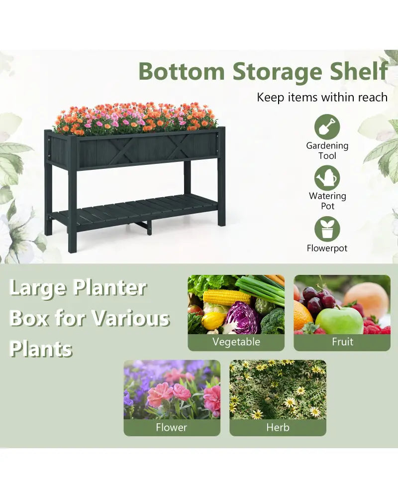 Poly Wood Elevated Planter Box with Legs Storage Shelf Drainage Holes-Black - Black - Raised Garden Beds