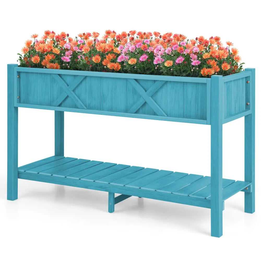 Poly Wood Elevated Planter Box with Legs Storage Shelf Drainage Holes-Blue - Blue - Raised Garden Beds