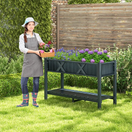 Poly Wood Elevated Planter Box with Legs Storage Shelf Drainage Holes-Black - Black - Raised Garden Beds