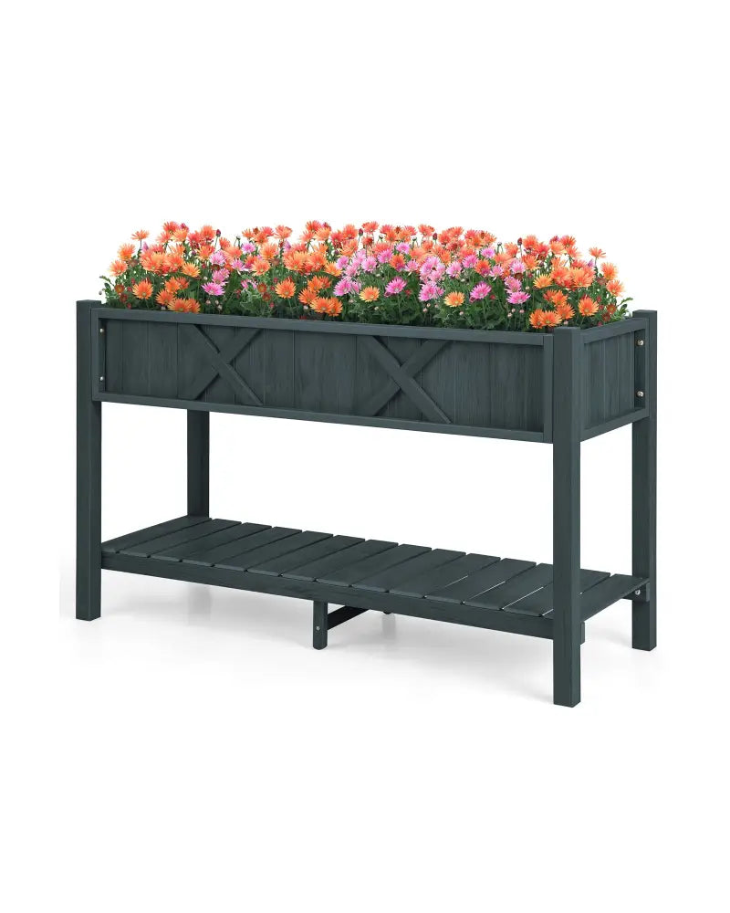 Poly Wood Elevated Planter Box with Legs Storage Shelf Drainage Holes-Black - Black - Raised Garden Beds