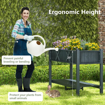 Poly Wood Elevated Planter Box with Legs Storage Shelf Drainage Holes-Black - Black - Raised Garden Beds