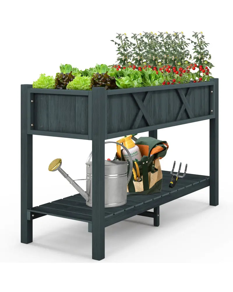 Poly Wood Elevated Planter Box with Legs Storage Shelf Drainage Holes-Black - Black - Raised Garden Beds