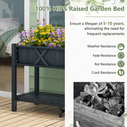 Poly Wood Elevated Planter Box with Legs Storage Shelf Drainage Holes-Black - Black - Raised Garden Beds
