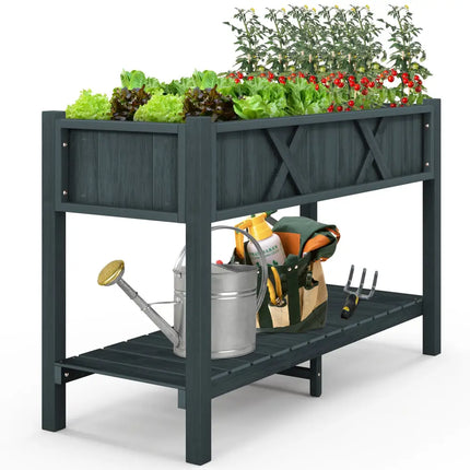 Poly Wood Elevated Planter Box with Legs Storage Shelf Drainage Holes-Black - Black - Raised Garden Beds