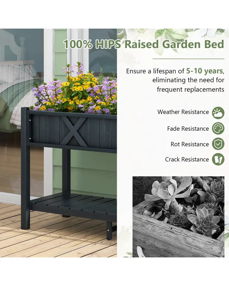 Poly Wood Elevated Planter Box with Legs Storage Shelf Drainage Holes-Black - Black - Raised Garden Beds