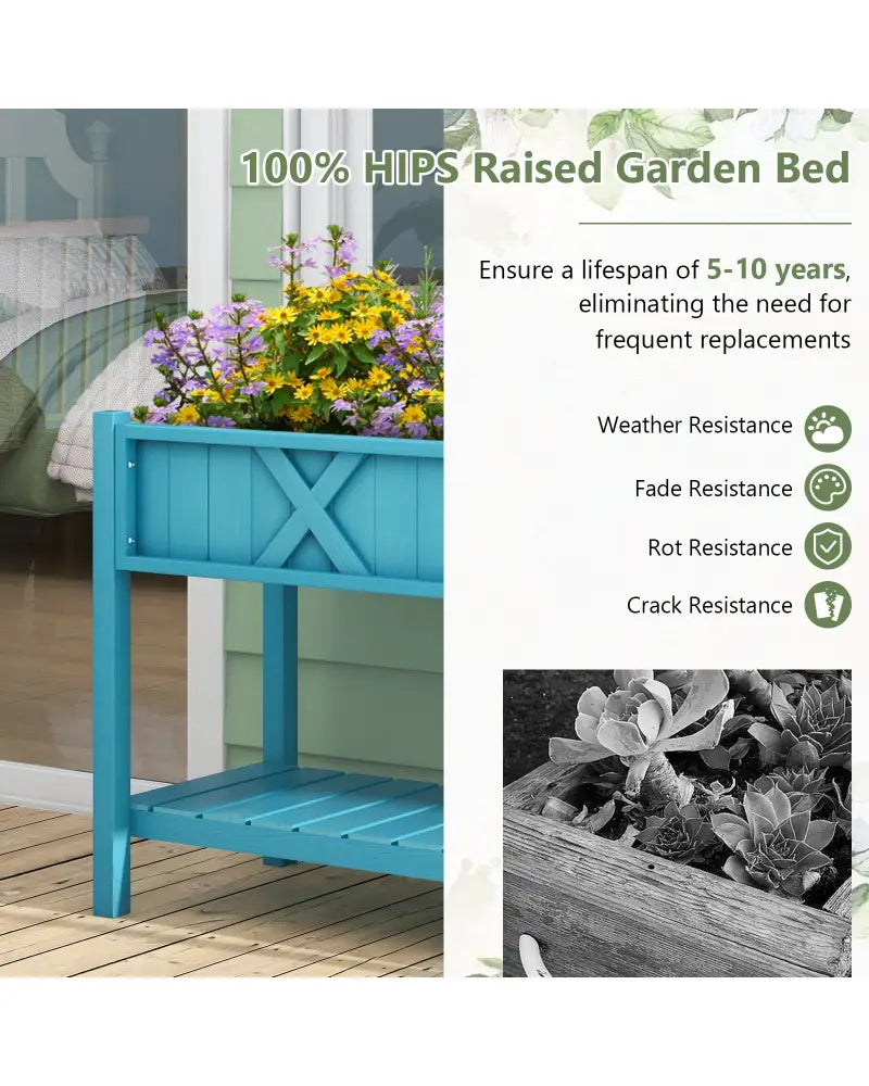 Poly Wood Elevated Planter Box with Legs Storage Shelf Drainage Holes-Blue - Blue - Raised Garden Beds