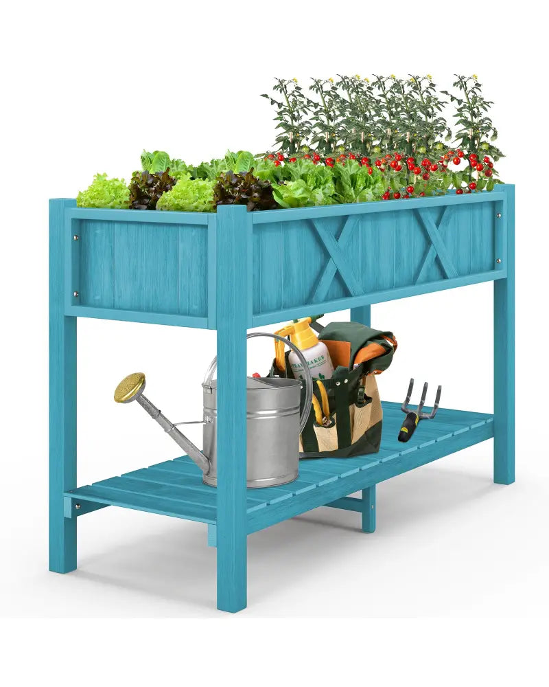 Poly Wood Elevated Planter Box with Legs Storage Shelf Drainage Holes-Blue - Blue - Raised Garden Beds
