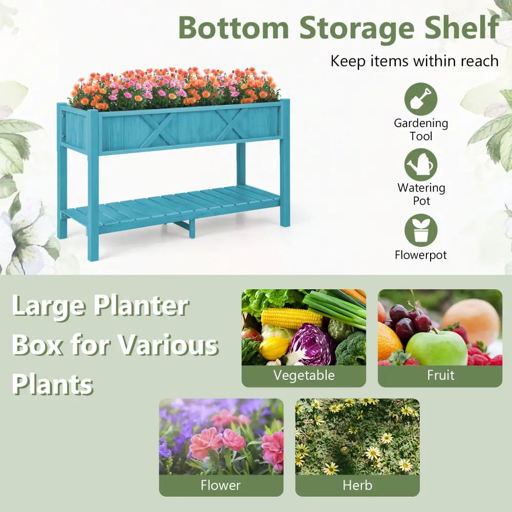 Poly Wood Elevated Planter Box with Legs Storage Shelf Drainage Holes-Blue - Blue - Raised Garden Beds