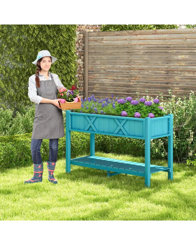 Poly Wood Elevated Planter Box with Legs Storage Shelf Drainage Holes-Blue - Blue - Raised Garden Beds