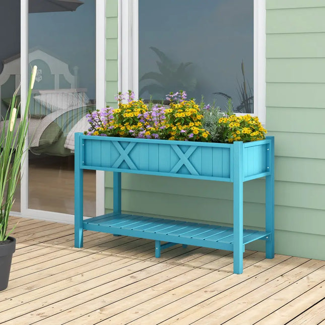 Poly Wood Elevated Planter Box with Legs Storage Shelf Drainage Holes-Blue - Blue - Raised Garden Beds