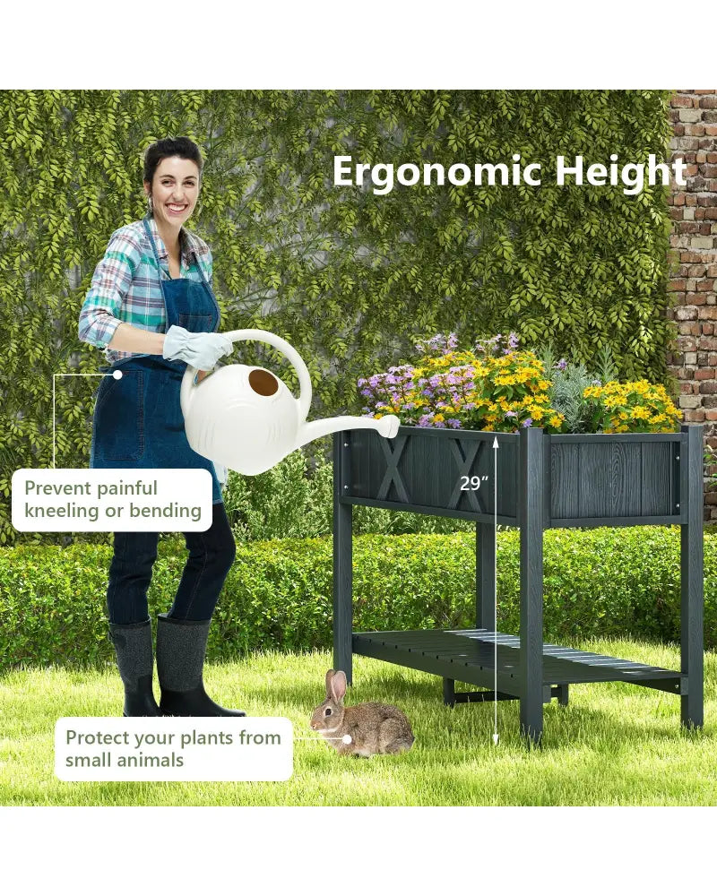 Poly Wood Elevated Planter Box with Legs Storage Shelf Drainage Holes-Black - Black - Raised Garden Beds