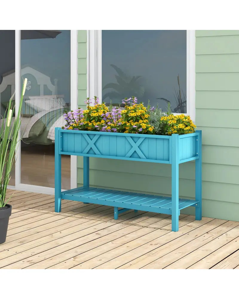 Poly Wood Elevated Planter Box with Legs Storage Shelf Drainage Holes-Blue - Blue - Raised Garden Beds