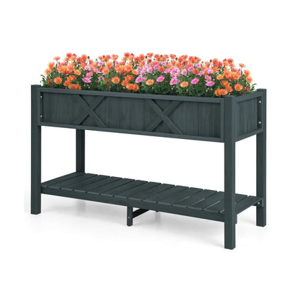 Poly Wood Elevated Planter Box with Legs Storage Shelf Drainage Holes-Black - Black - Raised Garden Beds