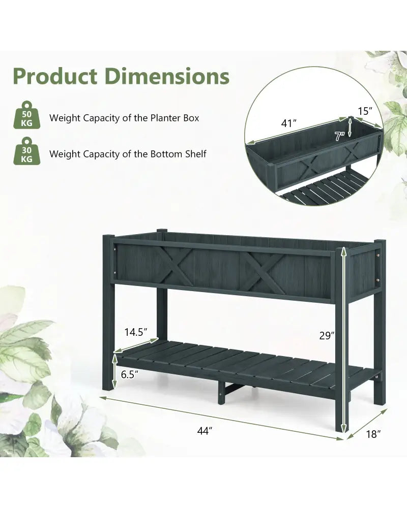 Poly Wood Elevated Planter Box with Legs Storage Shelf Drainage Holes-Black - Black - Raised Garden Beds