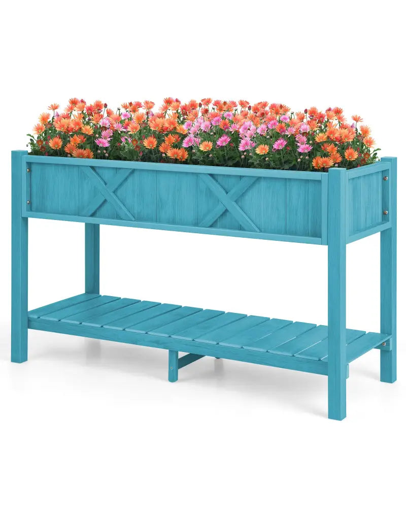 Poly Wood Elevated Planter Box with Legs Storage Shelf Drainage Holes-Blue - Blue - Raised Garden Beds