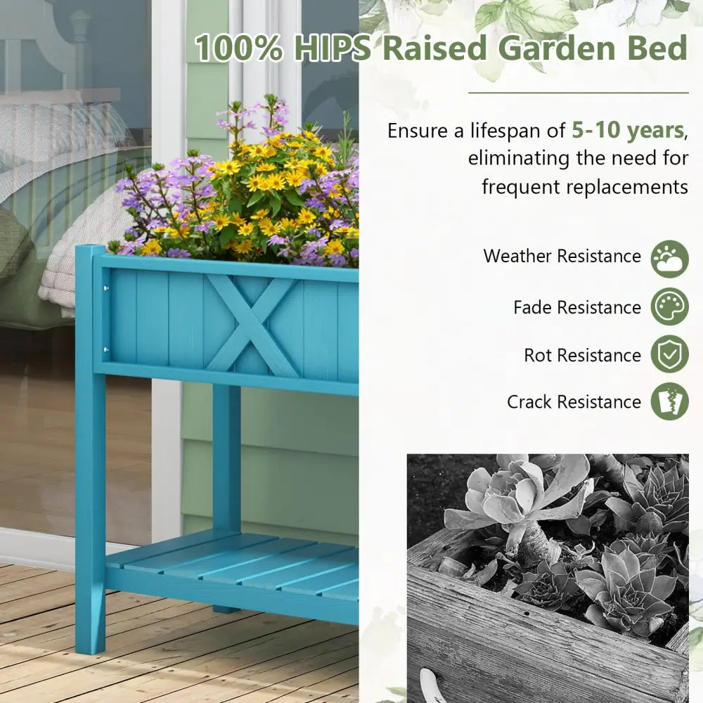Poly Wood Elevated Planter Box with Legs Storage Shelf Drainage Holes-Blue - Blue - Raised Garden Beds