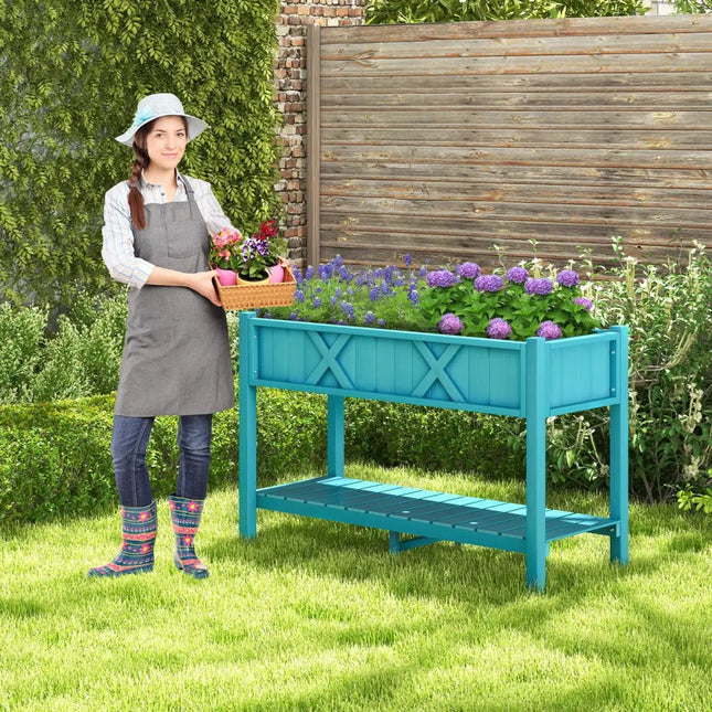 Poly Wood Elevated Planter Box with Legs Storage Shelf Drainage Holes-Blue - Blue - Raised Garden Beds